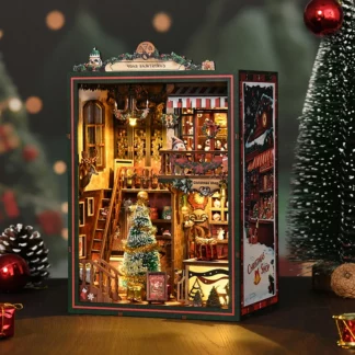 Christmas Shop Bookend DIY Wooden Book Nook Shelf Insert Kit Miniature Model Kits Light Bookshelf for Friends Birthday Gifts