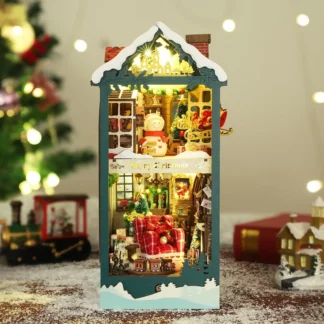 Miniature Model Kits Merry Christmas Book Nook NEW DIY Wooden Shelf Insert With Furniture Lights Bookshelf Bookend Friends Gifts