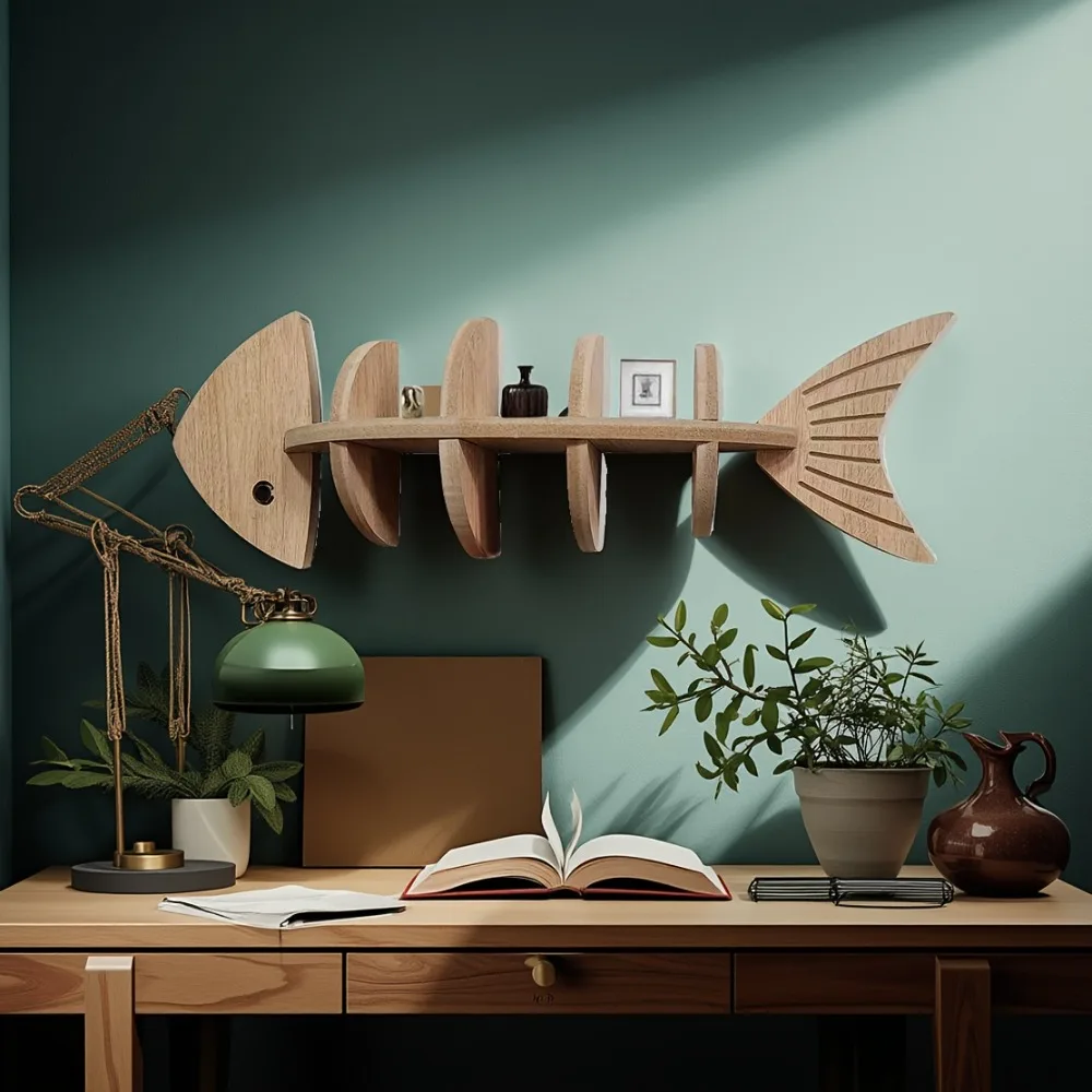 Unique Fish Bone Shaped Wooden Wall Shelf - Image 4