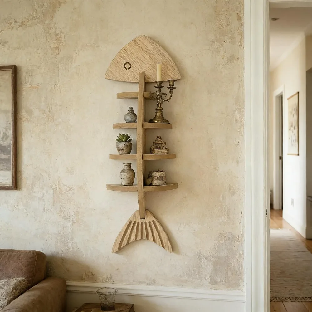 Unique Fish Bone Shaped Wooden Wall Shelf - Image 2