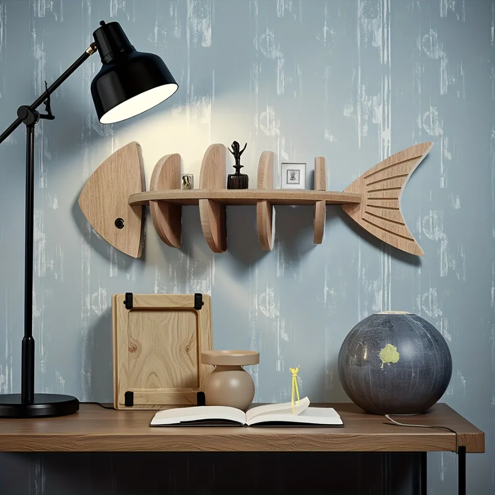 Unique Fish Bone Shaped Wooden Wall Shelf - Image 3