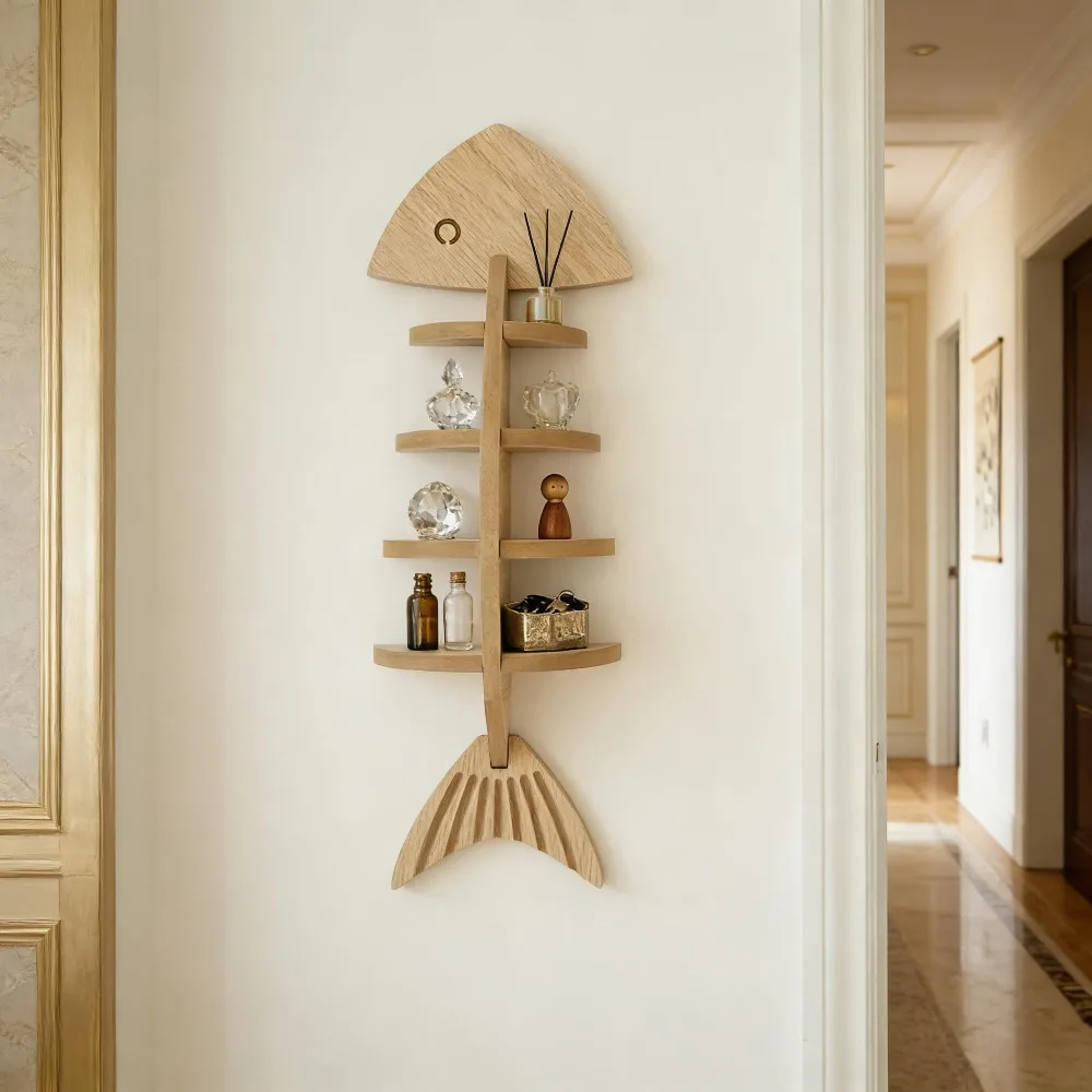Unique Fish Bone Shaped Wooden Wall Shelf