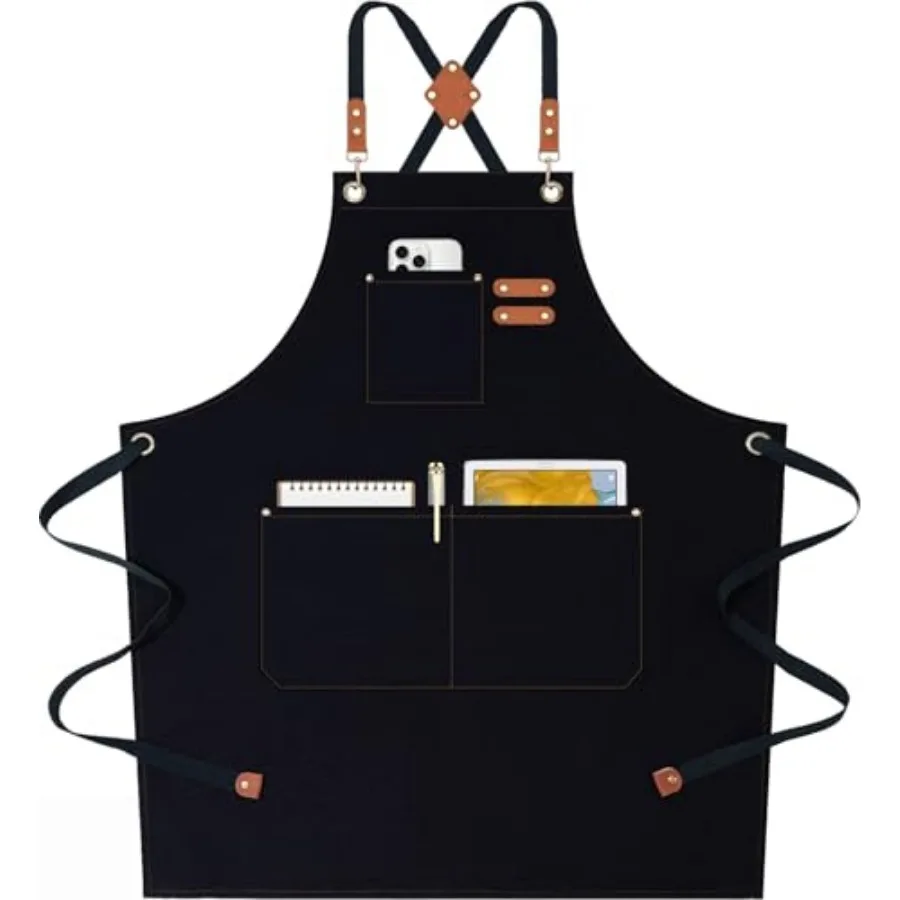 Chef Aprons for Women Men with Oversized Pockets, 12-Ounce Cotton Canvas Cross Back Water Repellent Apron Outfit