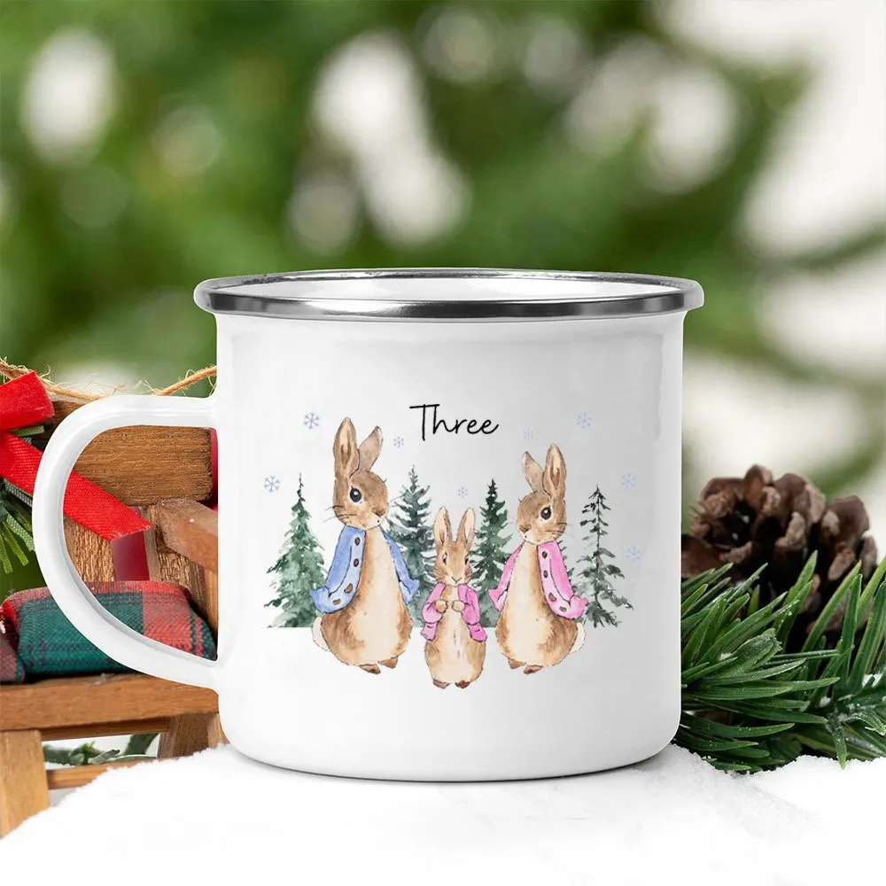Custom Name Winter Family Rabbit Enamel Cup - Image 4