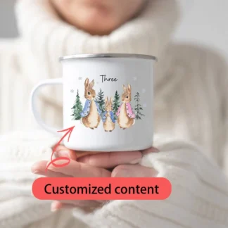Custom Name Winter Family Rabbit Enamel Cup