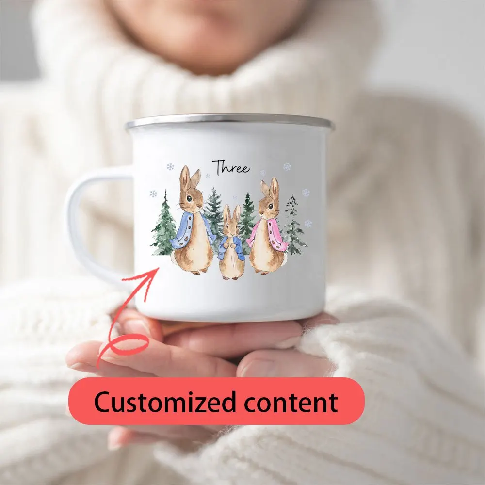 Custom Name Winter Family Rabbit Enamel Cup