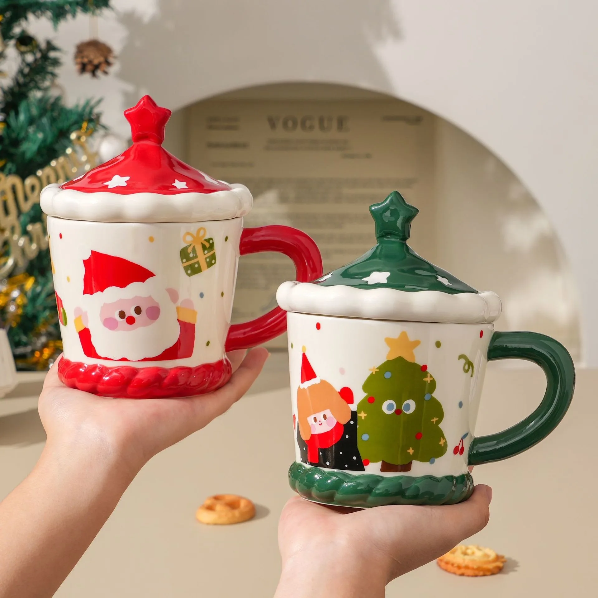 Colorful Christmas Porcelain Mug Set with Lid