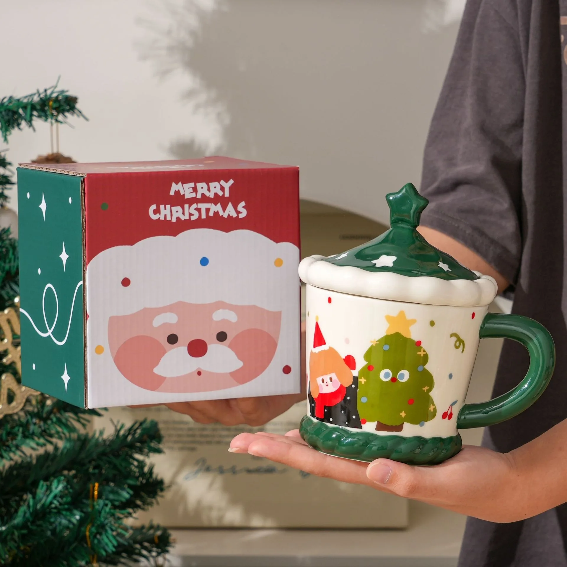 Colorful Christmas Porcelain Mug Set with Lid - Image 2