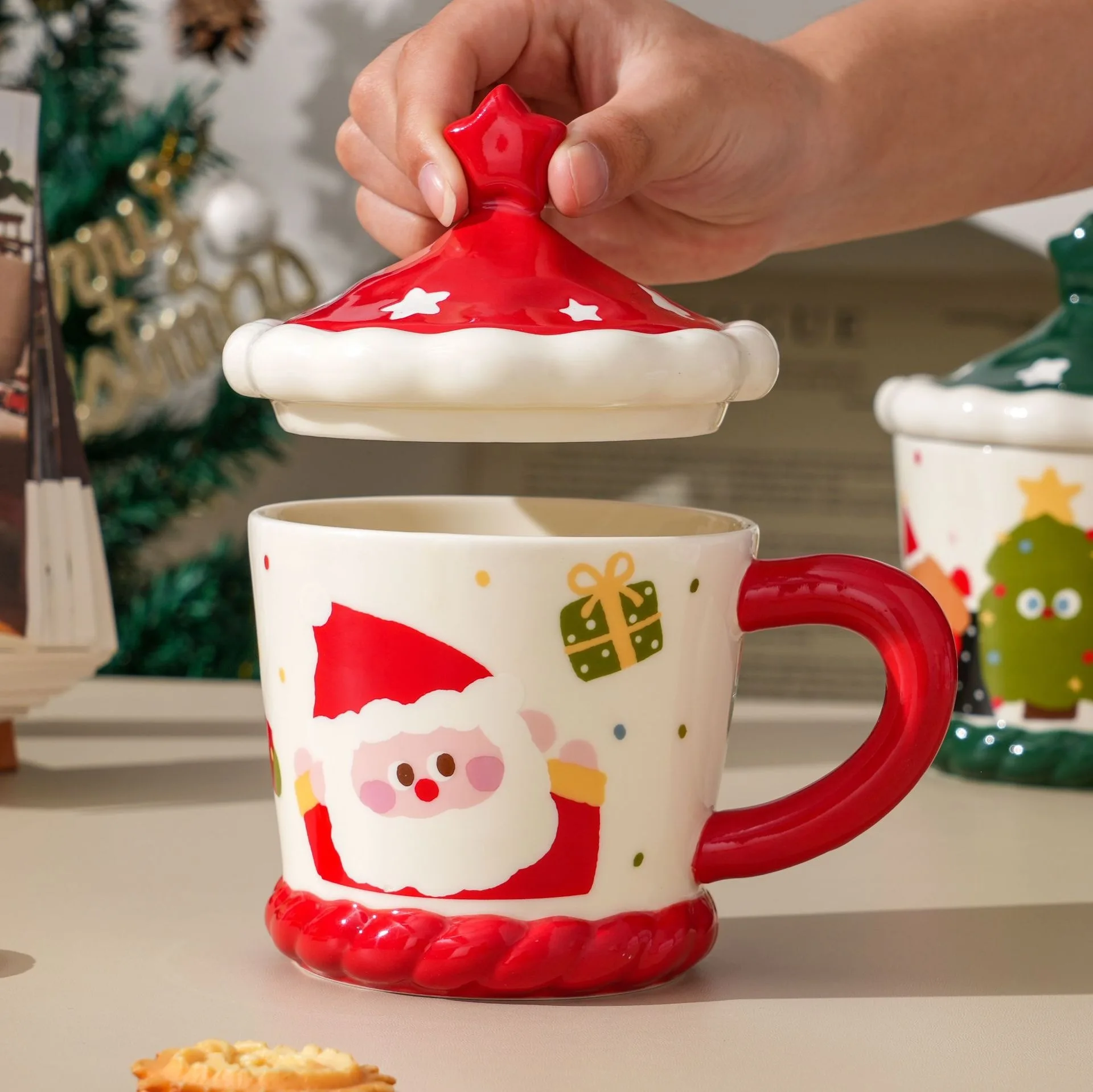 Colorful Christmas Porcelain Mug Set with Lid - Image 3